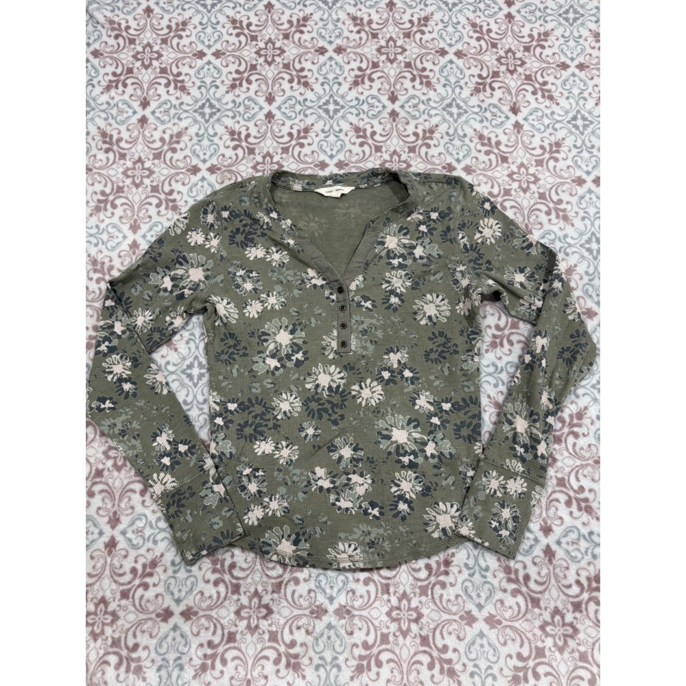 Lucky Brand Womens Green Floral Waffle Knit Henley Long Sleeve Thermal Top Small